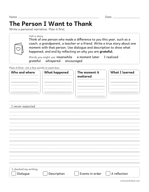 Preview of the printable “The person I want to thank” worksheet: writing a personal narrative with dialogue, description and a reflective conclusion