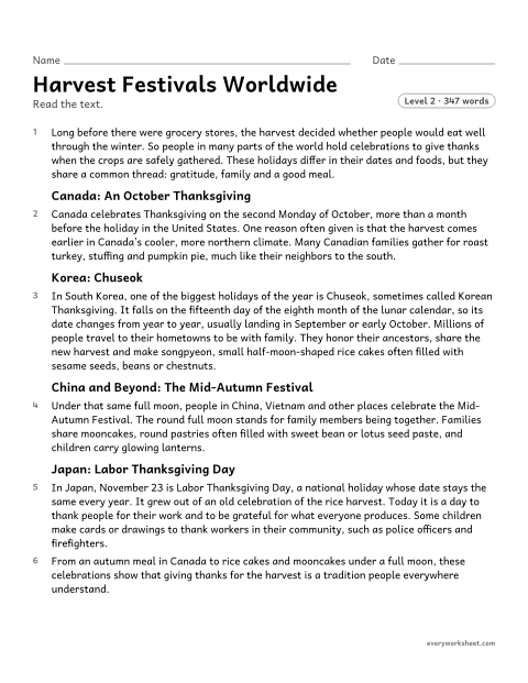 Preview of the printable “Harvest festivals worldwide” worksheet: finding two or more main ideas of a text and explaining how key details support them