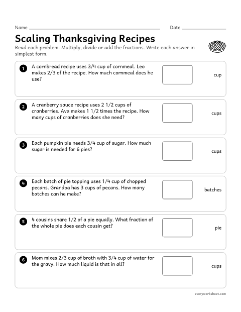 Preview of the printable “Scaling thanksgiving recipes” worksheet: scaling recipes by multiplying fractions and mixed numbers, and dividing with unit fractions