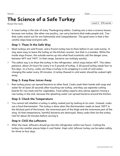 Preview of the printable “The science of a safe turkey” worksheet: explaining the steps in a scientific process and why each one matters