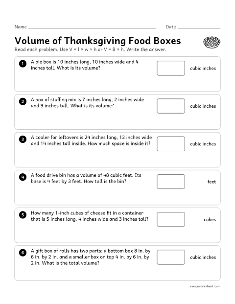 Preview of the printable “Volume of thanksgiving food boxes” worksheet: solving real-world volume problems with V = l × w × h and V = B × h, including a figure made of two boxes