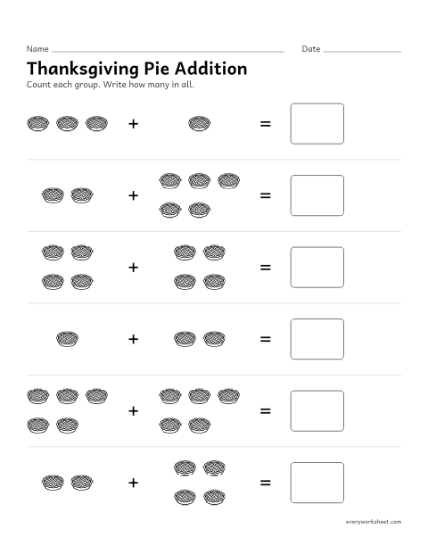 Preview of the printable “Thanksgiving pie addition” worksheet: adding two groups of pictures within 10