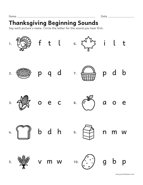 Preview of the printable “Thanksgiving beginning sounds” worksheet: hearing the first sound in a word and finding its letter