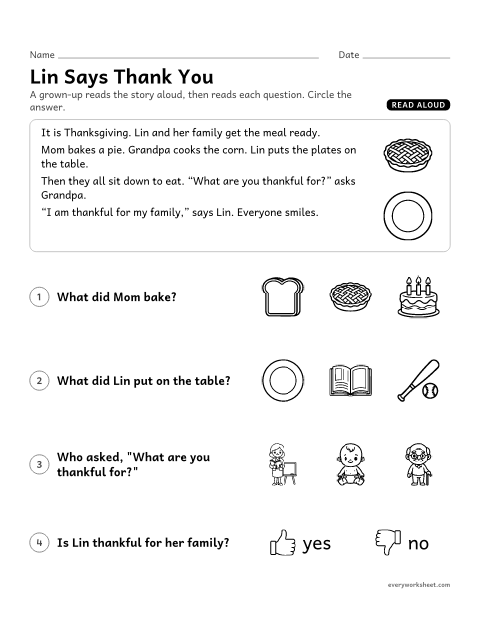 Preview of the printable “Read Aloud: lin says thank you” worksheet: listening to a story and answering questions about key details