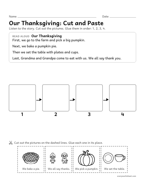 Preview of the printable “Thanksgiving story sequencing cut and paste” worksheet: putting the events of a story in order