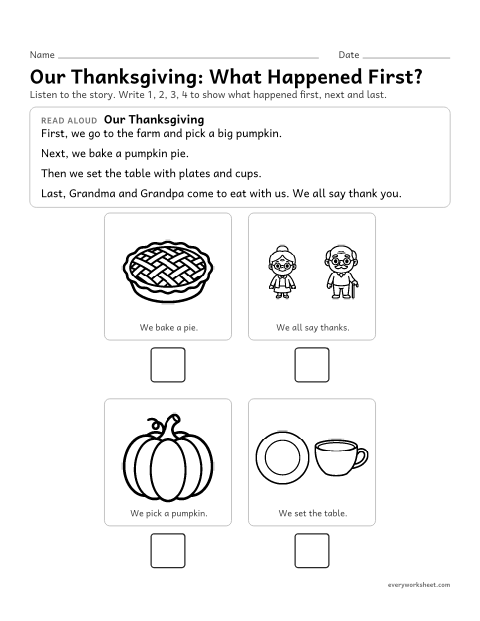 Preview of the printable “Thanksgiving story sequencing” worksheet: putting the events of a story in order