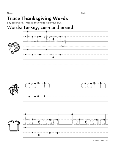 Preview of the printable “Trace thanksgiving words” worksheet: tracing and writing Thanksgiving words