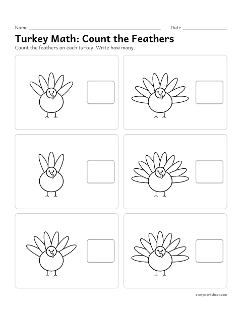 Preview of the printable “Turkey Math: count the feathers” worksheet: counting up to 10 feathers in a fan and writing how many