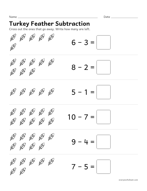 Preview of the printable “Turkey feather subtraction” worksheet: taking away pictures to subtract within 10