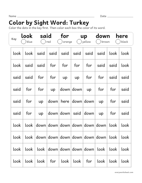 Preview of the printable “Color by sight Word: turkey” worksheet: reading sight words to color a picture