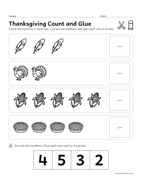 Preview of the printable “Thanksgiving count and glue” worksheet: counting Thanksgiving pictures to 5 and gluing the matching number