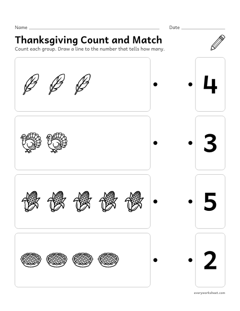 Preview of the printable “Thanksgiving count and match” worksheet: matching groups of 1 to 5 Thanksgiving pictures to numbers
