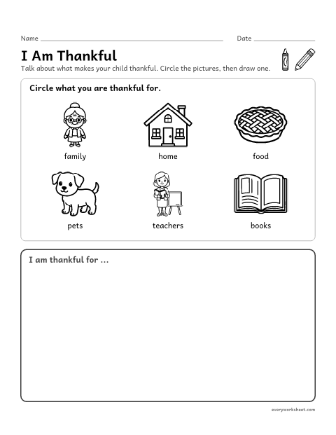 Preview of the printable “I am thankful” worksheet: telling what I am thankful for with pictures