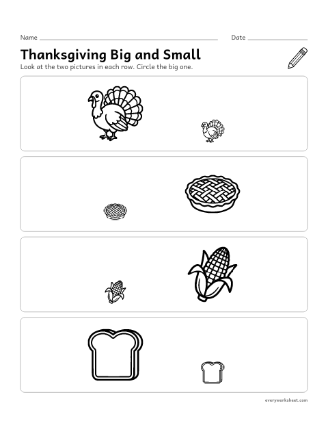 Preview of the printable “Thanksgiving big and small” worksheet: comparing two Thanksgiving pictures by size