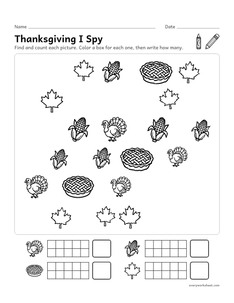 Preview of the printable “Thanksgiving I spy” worksheet: finding and counting Thanksgiving pictures to 10
