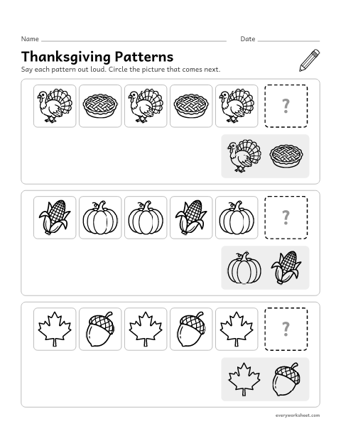 Preview of the printable “Thanksgiving patterns” worksheet: finishing AB and ABB Thanksgiving picture patterns