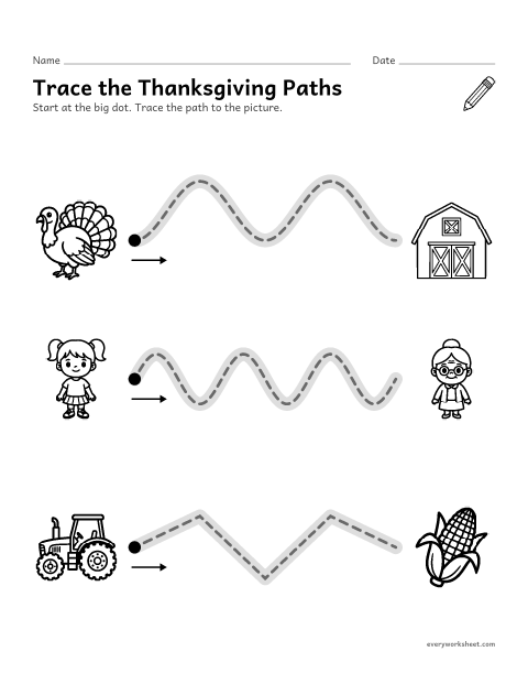 Preview of the printable “Trace the thanksgiving paths” worksheet: tracing wavy, hilly and zigzag paths from left to right