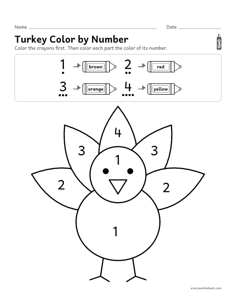 Preview of the printable “Turkey color by number” worksheet: reading the numerals 1 to 4 to color a turkey
