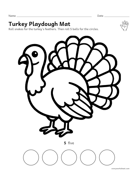Preview of the printable “Turkey playdough mat” worksheet: rolling and pressing playdough along a big turkey outline