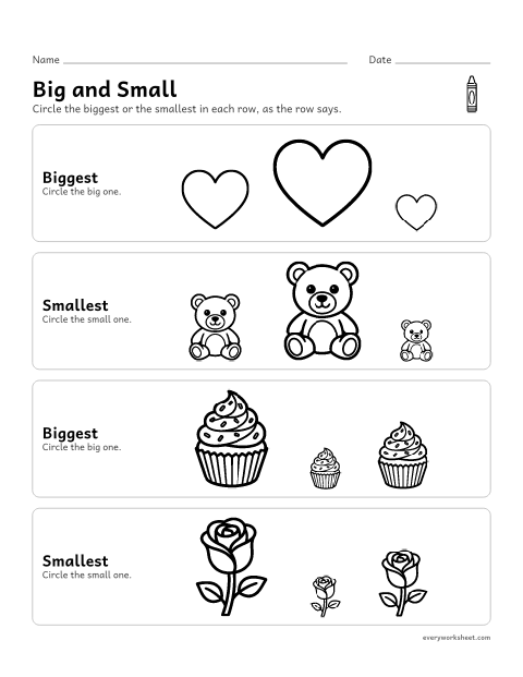 Preview of the printable “Valentine's day big and small” worksheet: comparing size: biggest and smallest
