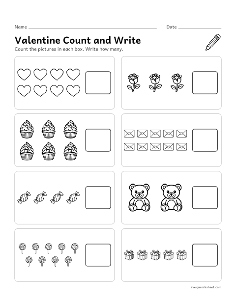 Preview of the printable “Valentine's day count and write 1 to 10” worksheet: counting up to 10 objects and writing the number