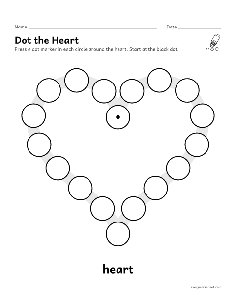 Preview of the printable “Valentine's day heart dot marker page” worksheet: using a dot marker with control around a heart