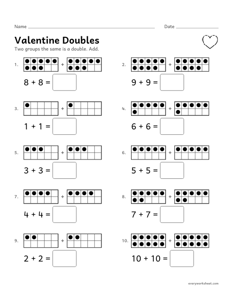 Preview of the printable “Valentine doubles” worksheet: adding doubles from 1 + 1 to 10 + 10