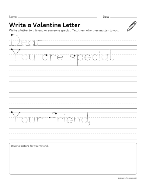 Preview of the printable “Valentine friendly letter writing template” worksheet: writing a friendly letter with a greeting, body and closing