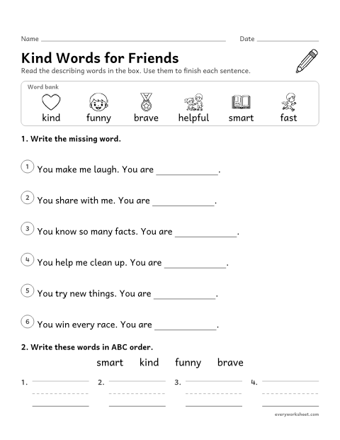 Preview of the printable “Valentine kind Words: adjectives vocabulary” worksheet: using describing words (adjectives) in sentences and putting words in ABC order