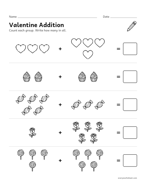 Preview of the printable “Valentine's day picture addition within 10” worksheet: adding within 10 with pictures