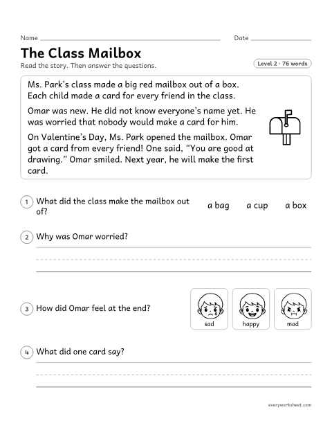 Preview of the printable “The class Mailbox: Valentine's day reading passage” worksheet: reading a short story and describing characters' feelings