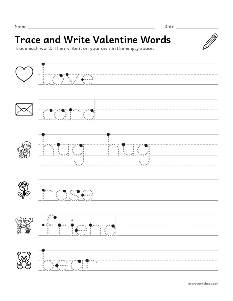 Preview of the printable “Valentine's day word tracing for kindergarten” worksheet: tracing and writing short words