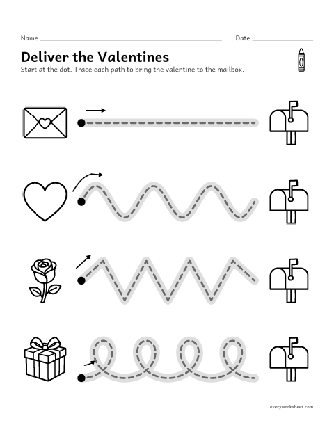 Preview of the printable “Valentine's day trace the path” worksheet: tracing straight, wavy, zigzag and looped paths