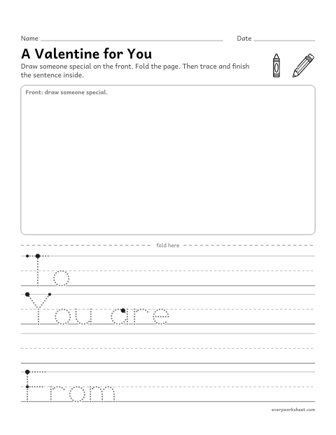 Preview of the printable “Valentine card writing for kindergarten” worksheet: writing a card to someone special