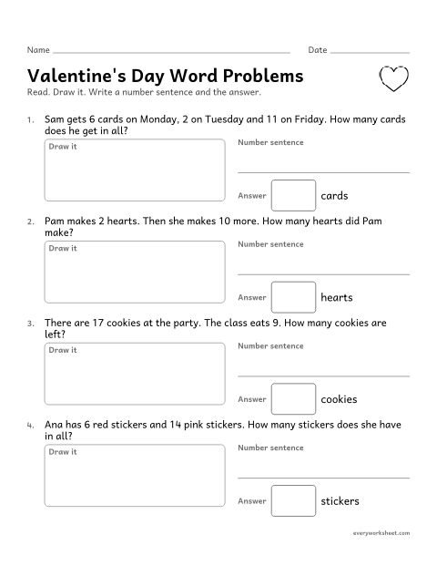 Preview of the printable “Valentine's day word problems” worksheet: solving Valentine's Day word problems, including three addends