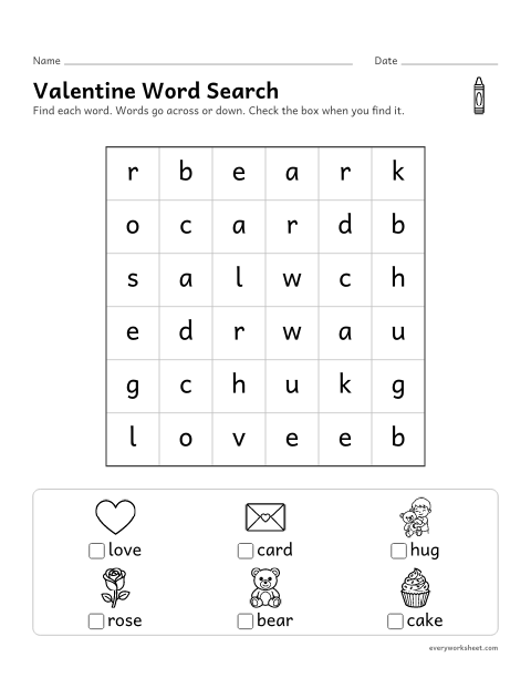 Preview of the printable “Valentine's day word search for kindergarten” worksheet: finding and reading short words