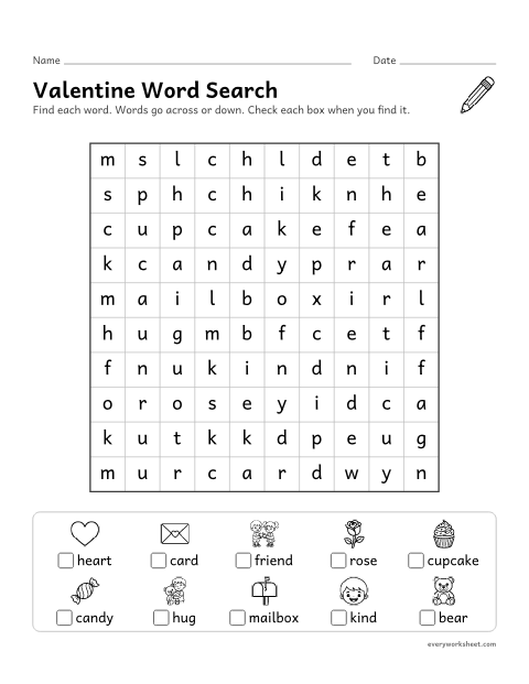 Preview of the printable “Valentine's day word search for 1st grade” worksheet: finding and reading Valentine's Day words