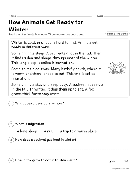 Preview of the printable “How animals get ready for Winter: reading passage” worksheet: reading a nonfiction passage and answering questions about key details
