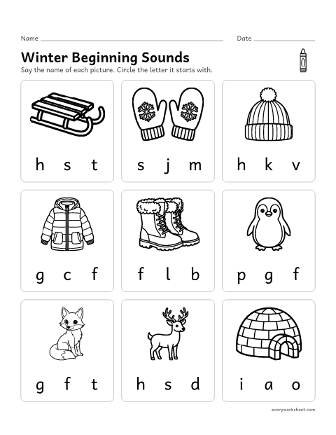 Preview of the printable “Winter beginning sounds” worksheet: naming the first sound of a word and the letter that spells it