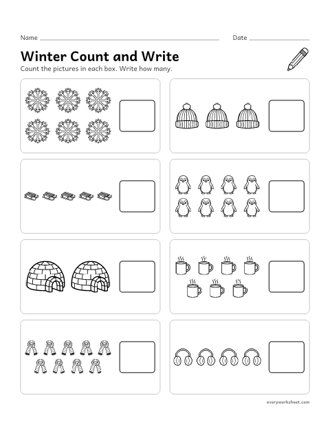 Preview of the printable “Winter count and write 1 to 10” worksheet: counting up to 10 objects and writing the number