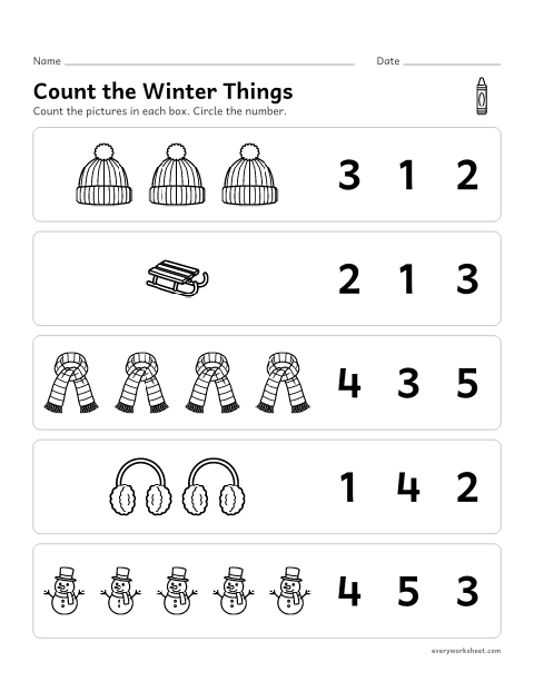 Preview of the printable “Winter things count and circle” worksheet: counting up to 5 winter things and matching the number
