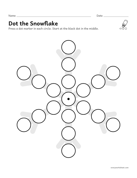 Preview of the printable “Snowflake dot marker page” worksheet: using a dot marker with control, one circle at a time