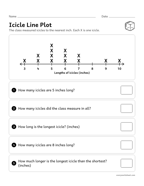 Preview of the printable “Winter line Plot: measuring icicles” worksheet: reading a line plot of measured lengths in whole inches