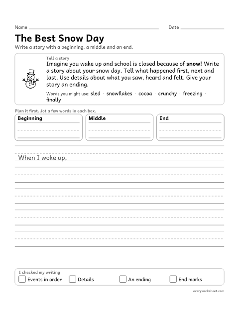 Preview of the printable “Winter narrative Writing: the best snow day” worksheet: writing a narrative with events in order, details and an ending