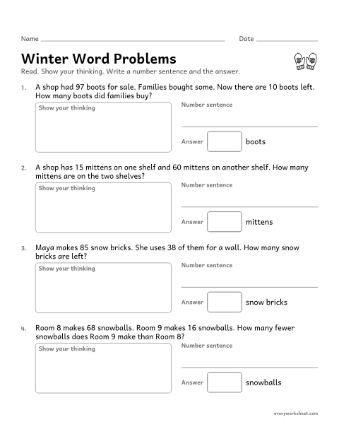 Preview of the printable “Winter word problems” worksheet: solving winter add and subtract word problems within 100