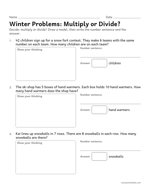 Preview of the printable “Winter Problems: multiply or Divide?” worksheet: choosing multiplication or division for a word problem