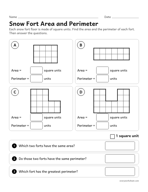 Preview of the printable “Snow fort area and perimeter” worksheet: finding the area and perimeter of rectilinear figures, and seeing that figures with the same area can have different perimeters