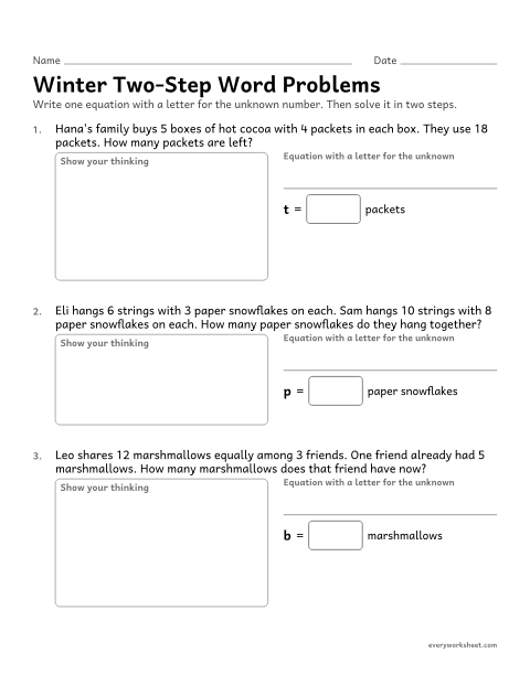 Preview of the printable “Winter Two-Step word problems” worksheet: solving two-step word problems and writing an equation with a letter for the unknown
