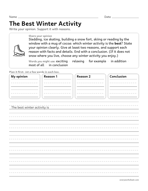 Preview of the printable “The best winter Activity: opinion writing” worksheet: writing an opinion piece supported by reasons and details