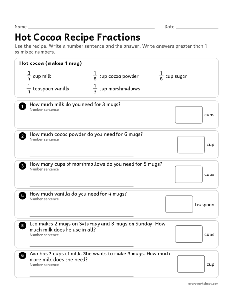 Preview of the printable “Hot cocoa recipe fractions” worksheet: multiplying a fraction by a whole number and adding and subtracting fractions with like denominators in a recipe